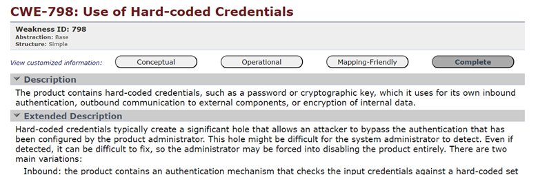 CWE-798 Use of Hard-coded Credentials
