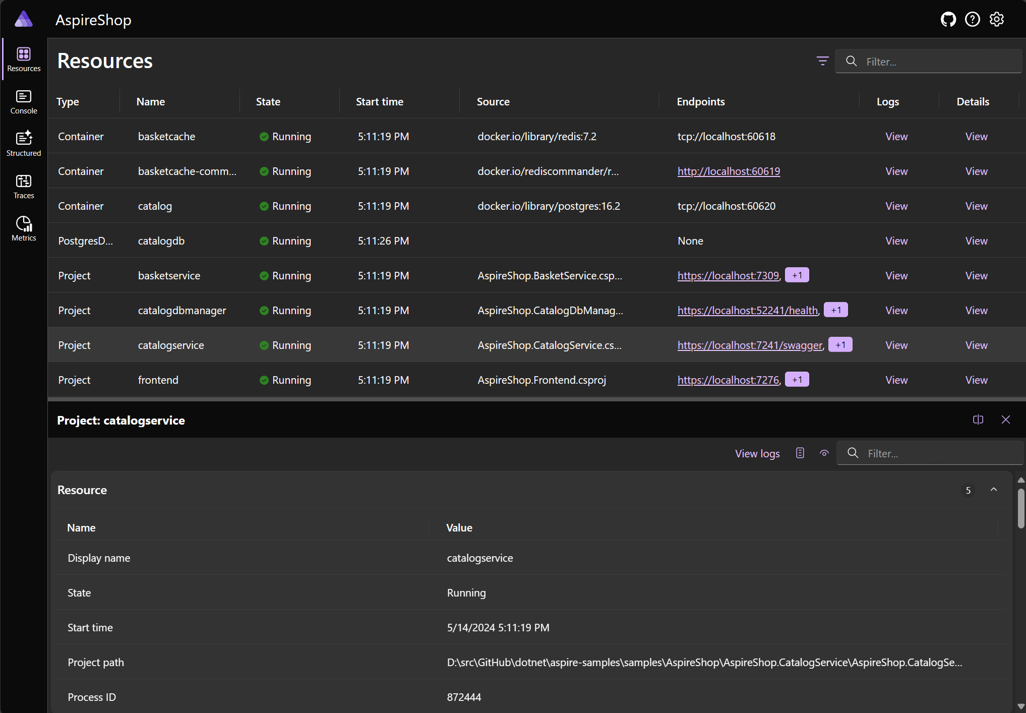 The Aspire dashboard showing details of the running resources in a table