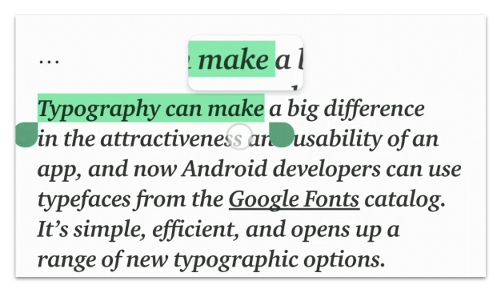 An image showing how the magnifier appears after grabbing the right selection handle