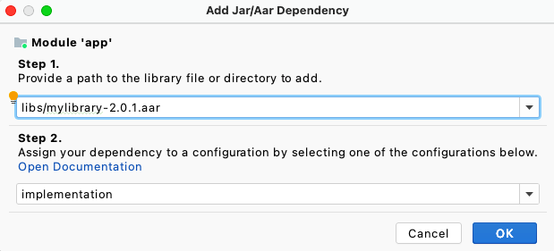 Add AAR dependency in the Project Structure
Dialog