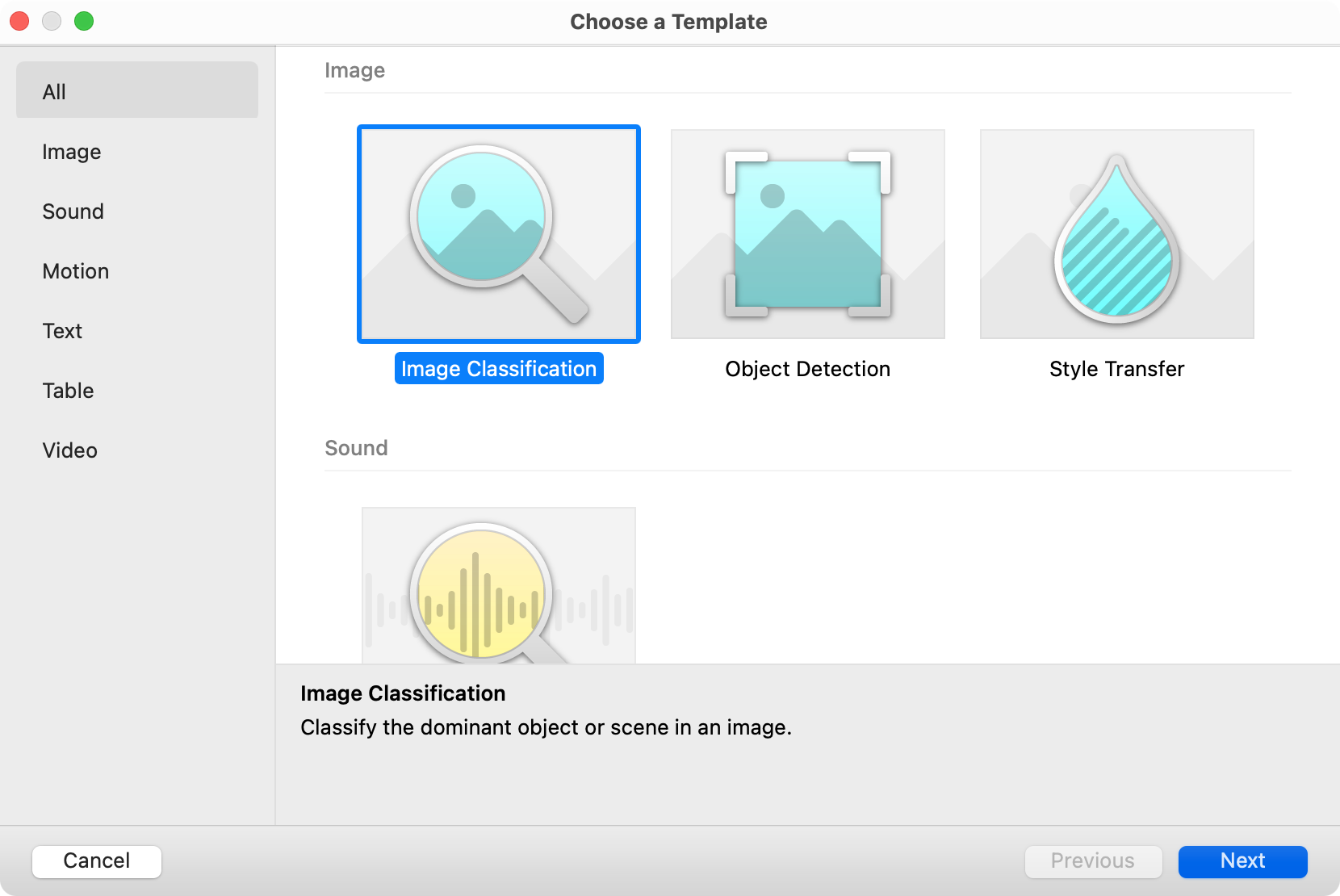 这个截屏中显示了名称为“Image Classification”(图像分类)、“Object Detection”(对象检测) 和“Style Transfer”(样式转换) 的 Create ML 项目模板。