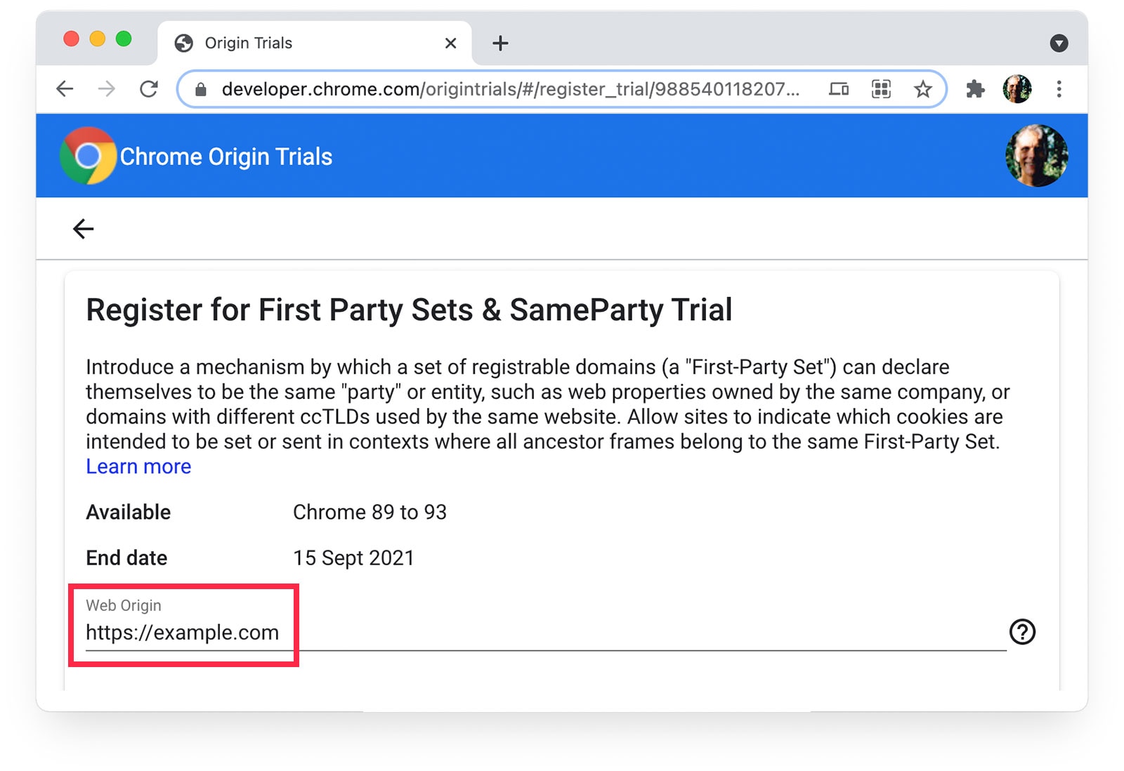 Chrome Origin Trials 
page showing https://example.com selected as Web Origin.