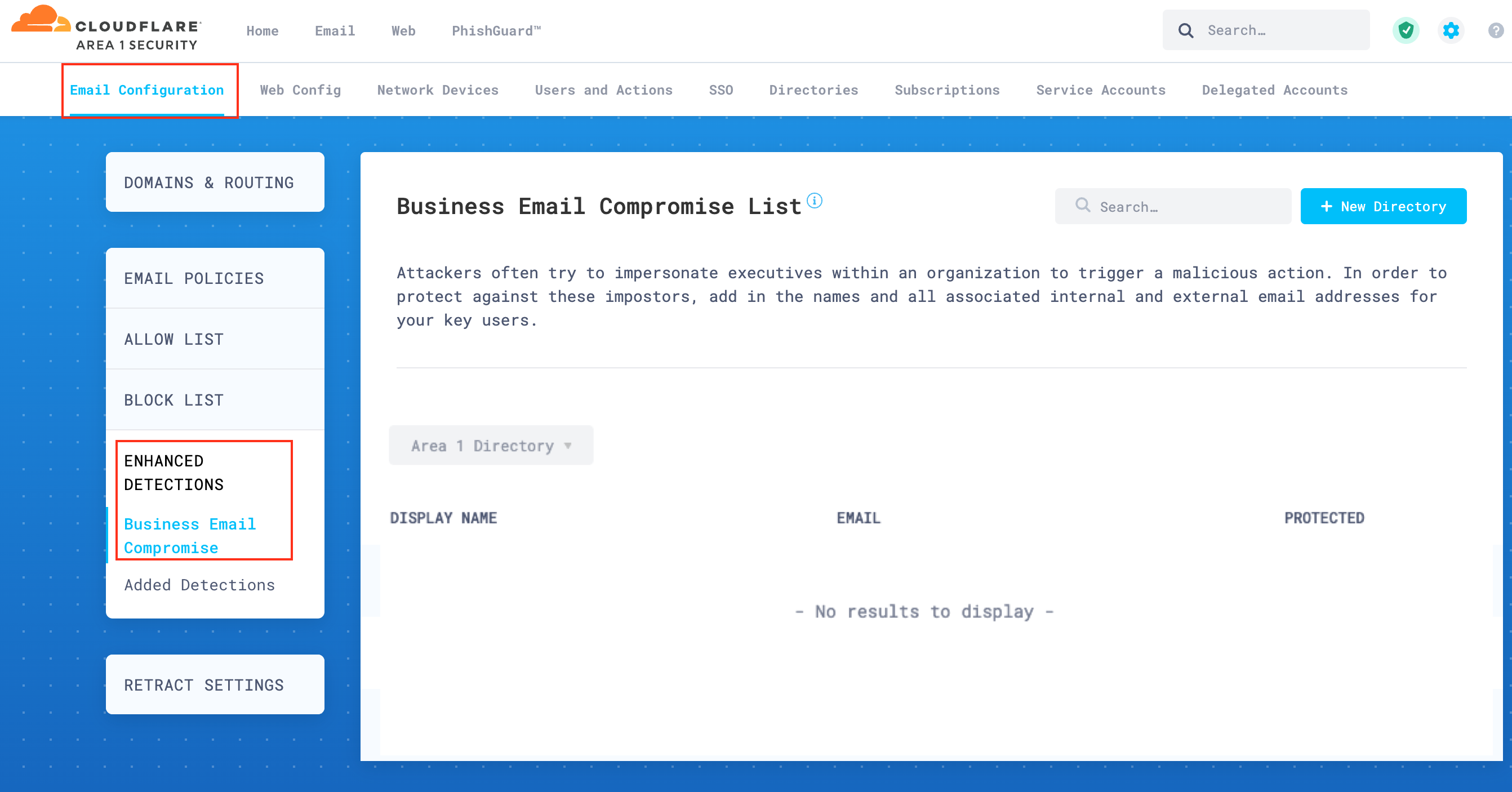 Access Business Email Compromise in Cloud Email Security dashboard to start setting up this feature