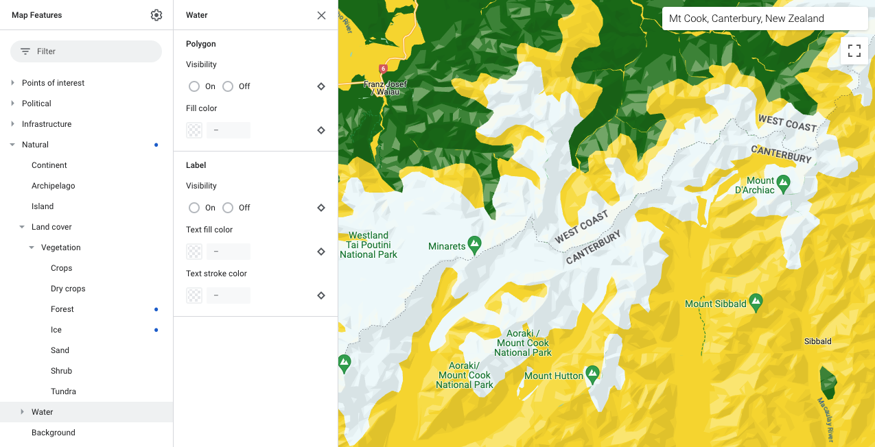 Map showing ice map features are pale aqua