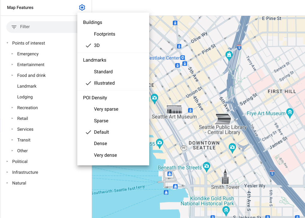 A map of downtown Seattle showing distinctive POI icons: a small black-and-white line art illustration of the POI in question such as Smith Tower. These markers are about twice to three times the size of a standard POI marker including the marker background.