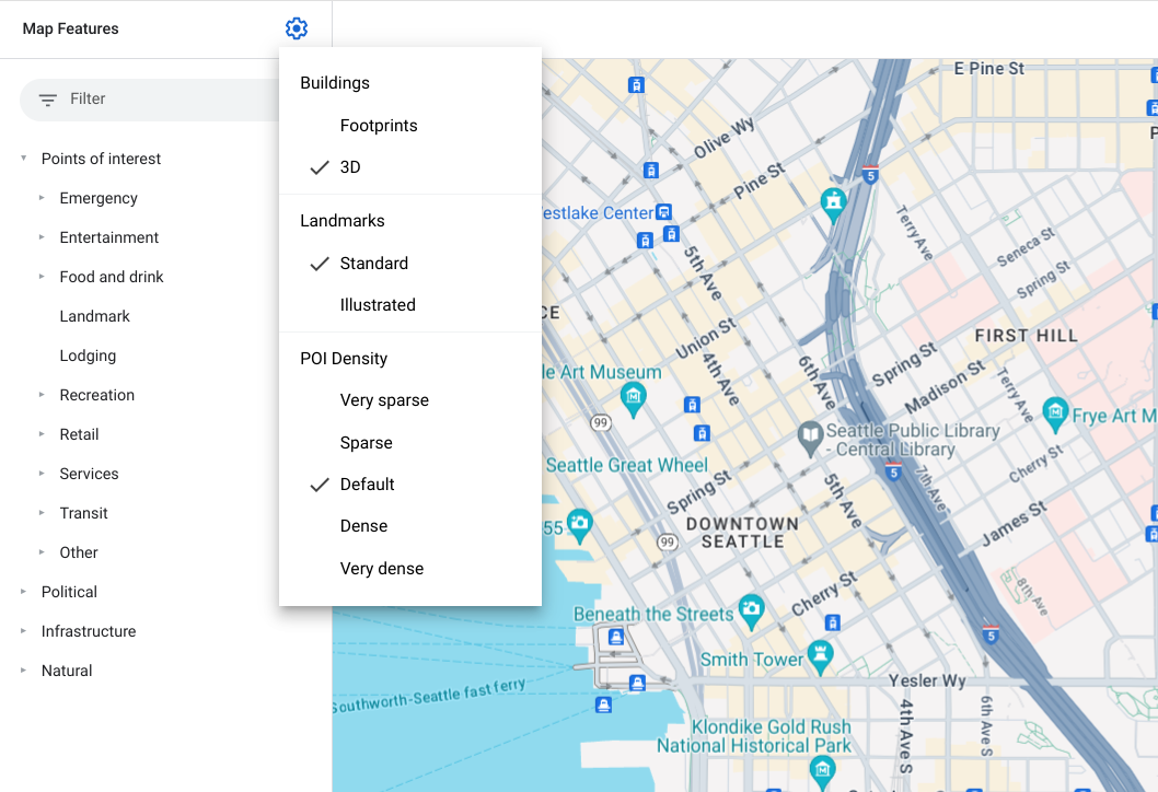 A map of downtown Seattle showing standard Google POI icons: a tiny white icon on a teardrop-shaped teal icon glyph over landmarks like the Art Museum and Smith Tower.