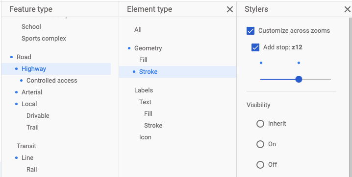 A screenshot of the three element editor panes in the Map Style editor. The Highway feature type is selected, as is the Stroke element type. The Customize across zooms box is checked, and the zoom slider shows two blue dots, indicating two customized zoom levels.