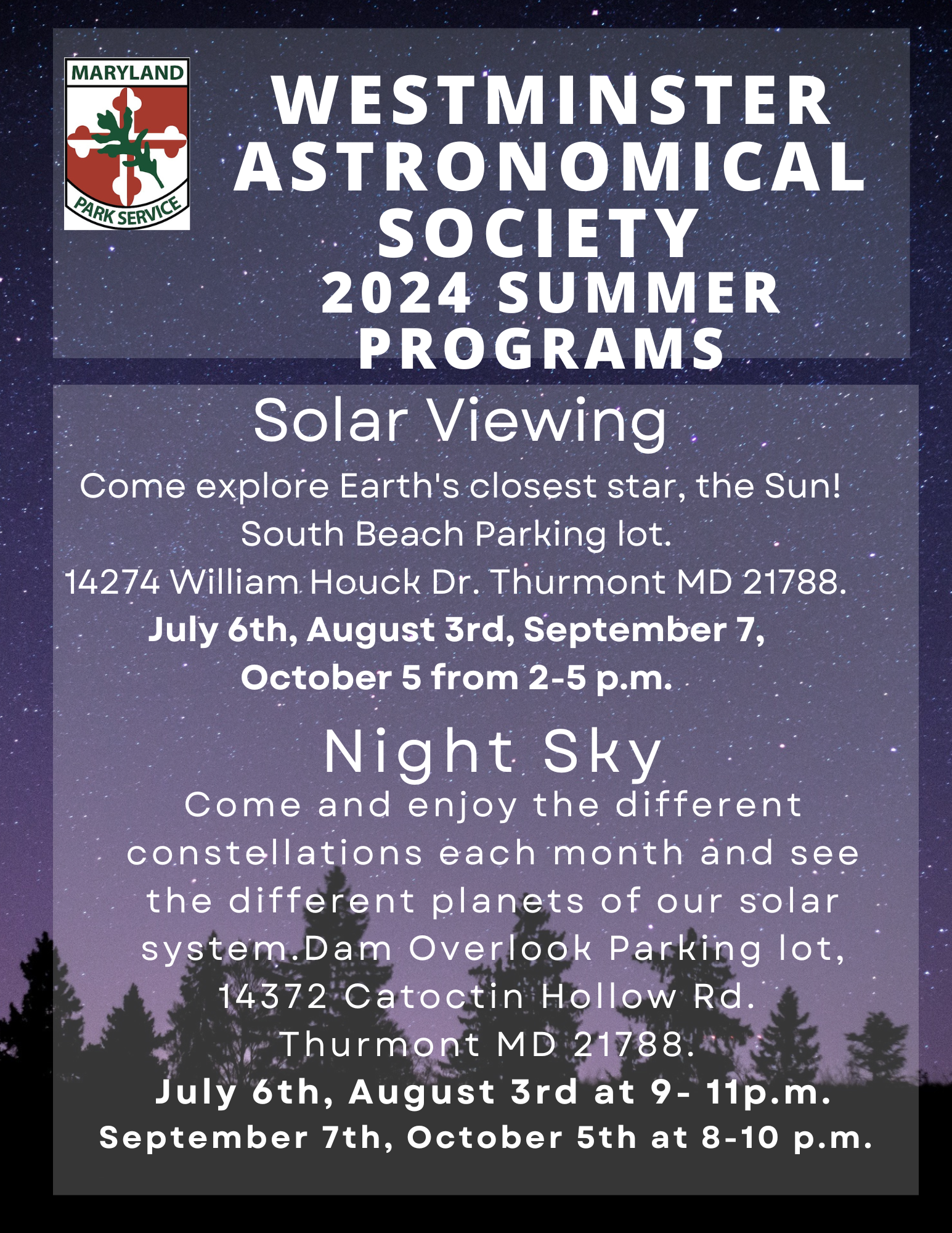 Westminister Astronomical Society 2024 Summer Programs