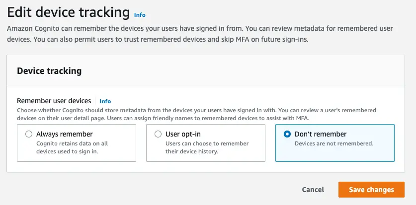 Edit device tracking options list is shown, with the don't remember highlighted.