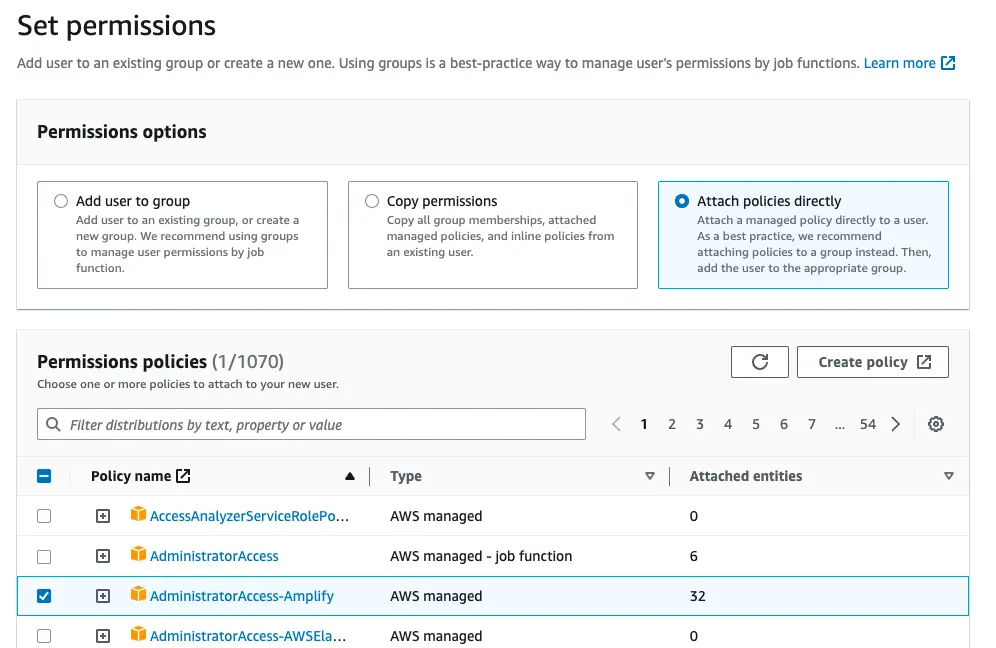 Second step of creating an IAM user. Setting permissions.