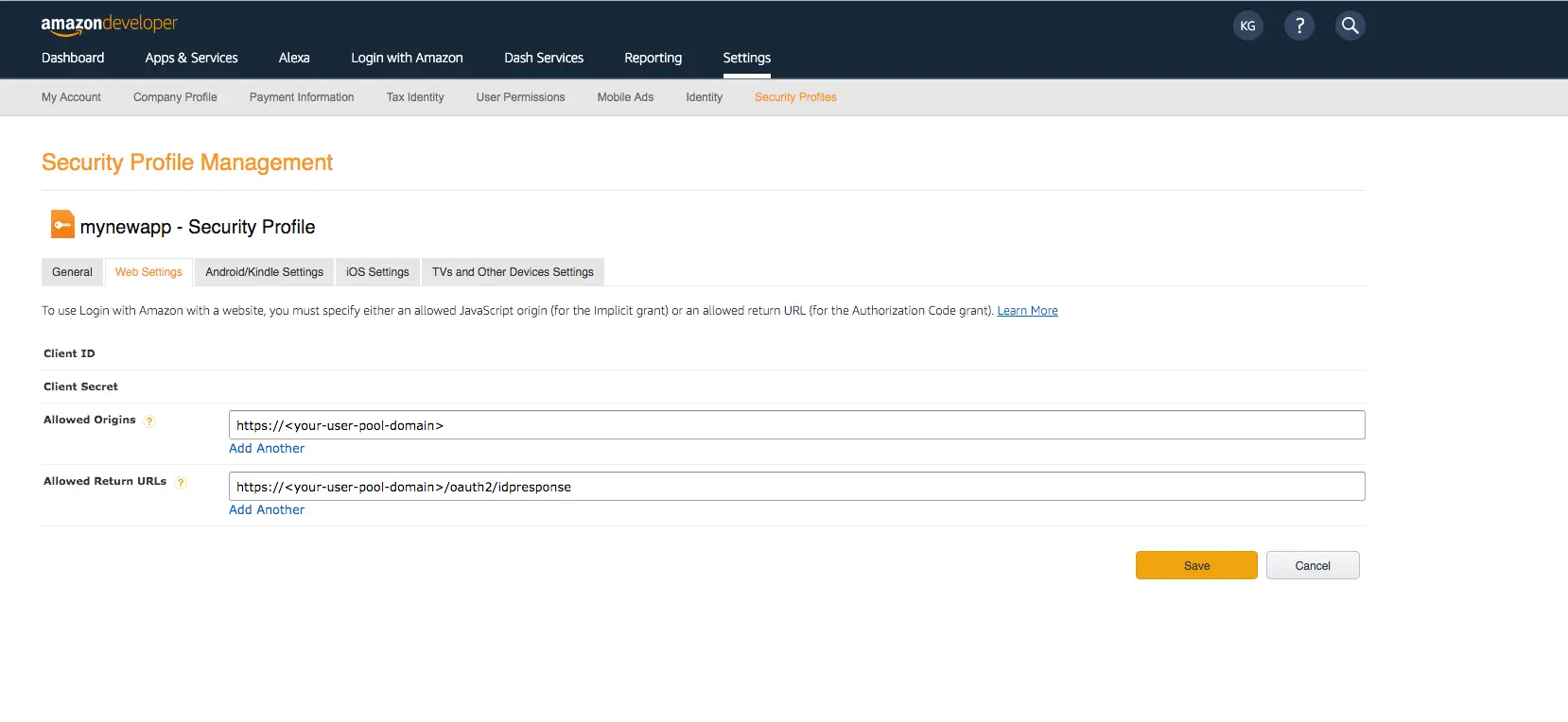 Userpool domain is typed into the allowed origins field with /oauth2/ as the endpoint in the Allowed Return URLs field.