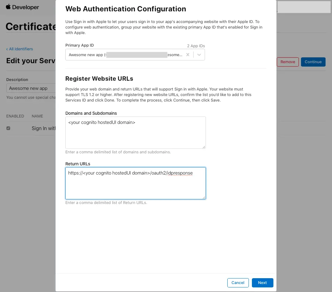 The return URLs text field is selected.