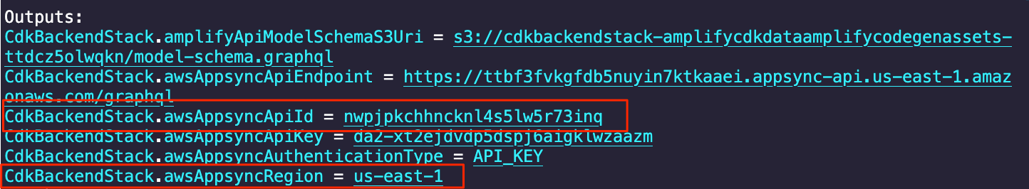 awsAppsyncApiId and awsAppsyncRegion values highlighted within the outputs of the CDK stack.