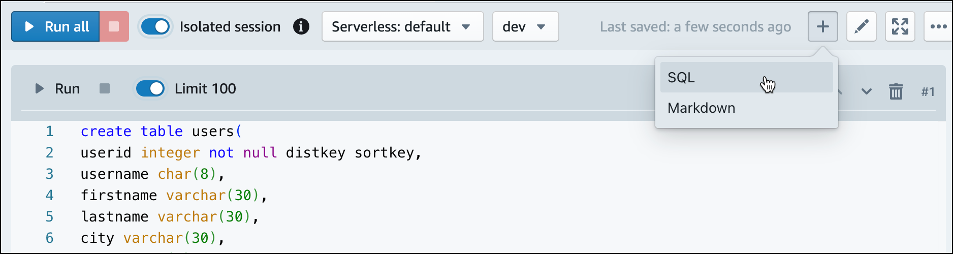 Create a new SQL cell in query editor v2 to run SQL commands.