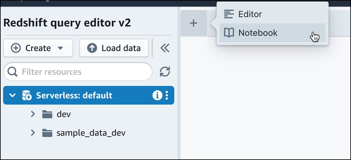 Redshift query editor v2 interface with options to create, load data, and select Editor or Notebook.