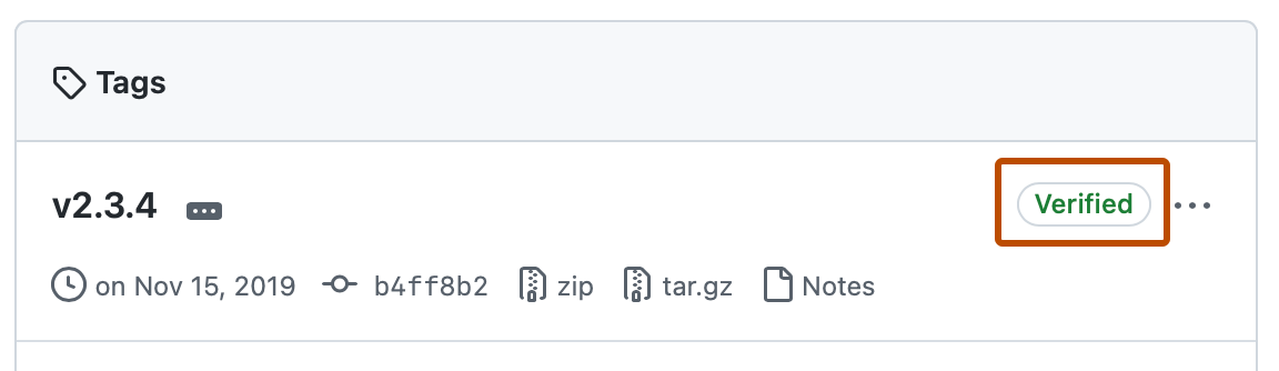 Screenshot of a tag in the tag list for a repository. "Verified" is highlighted with an orange outline.