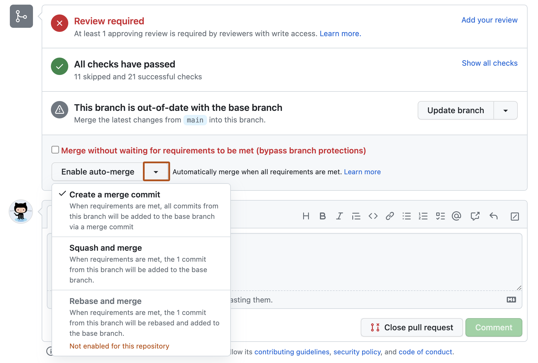 Screenshot of the merge box of a pull request. A dropdown menu, labeled with a downward-facing triangle, is outlined in dark orange.