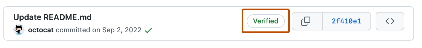 Capture d’écran d’un commit dans la liste de commits d’un dépôt. « Vérifié » est mis en évidence avec un encadré orange.