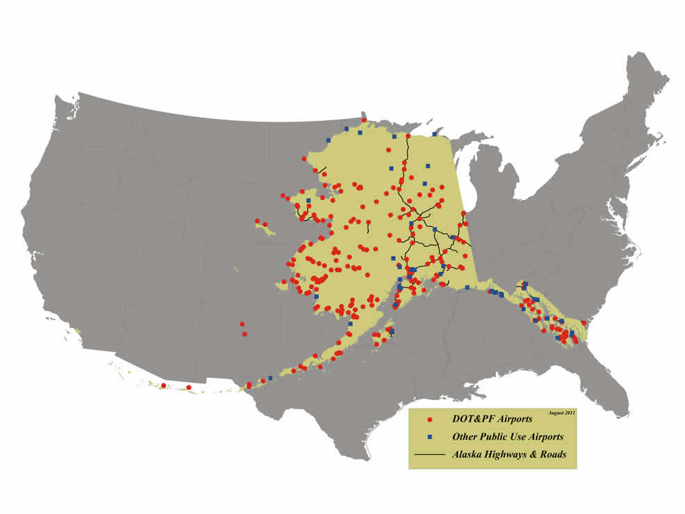 image showing Alaska and it's airports overlaid on a map of the United States