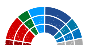 Ilustração de um semicírculo com secções de diferentes cores. As secções representam os deputados de diferentes grupos políticos na sala de votação em Estrasburgo