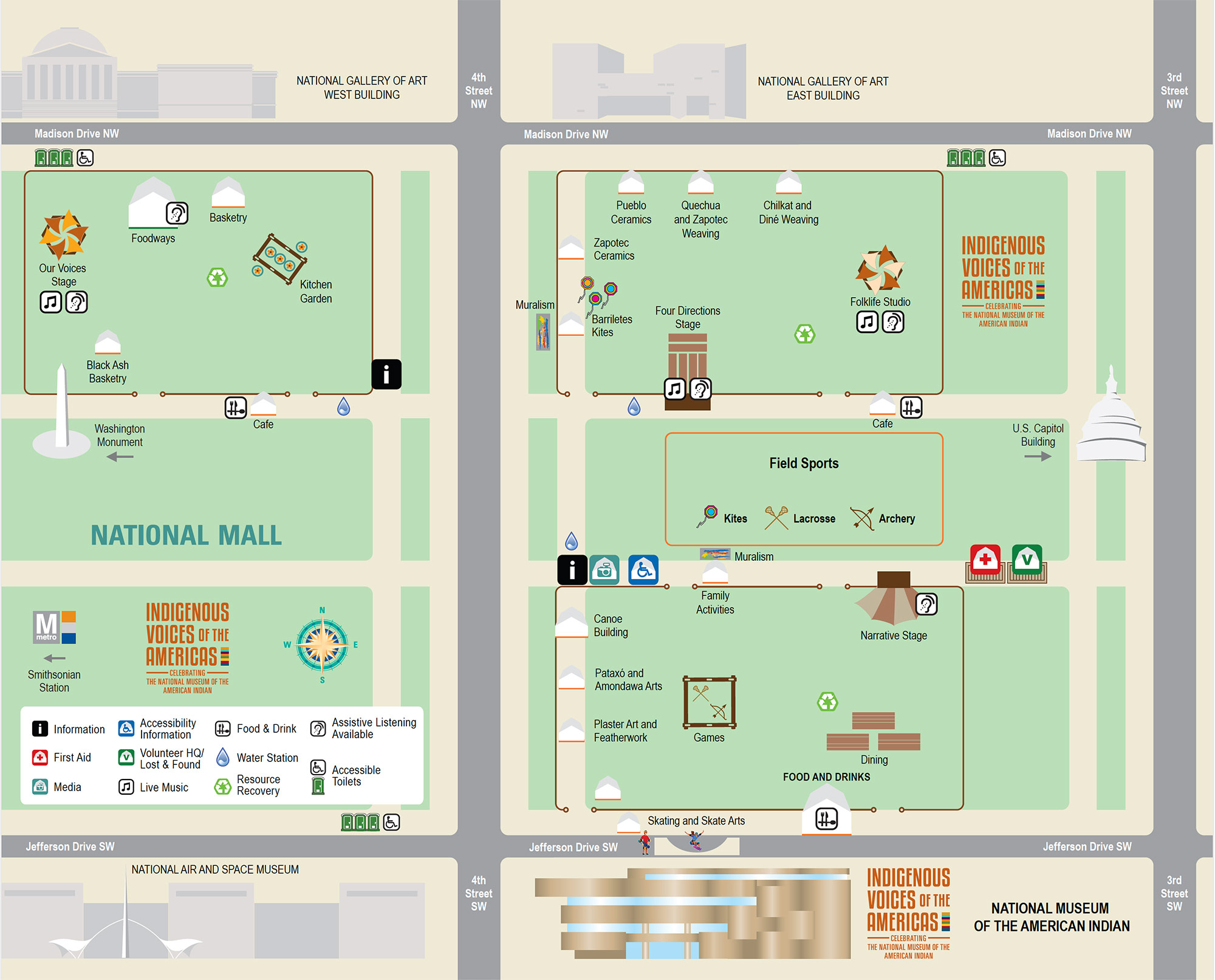 Illustrated map of Folklife Festival grounds on the National Mall, bound by Madison Drive to the north, Third Street to the east, Jefferson Drive to the south, and Fourth Street running through the middle. Icons depict various stages, tents, food concessions, and activity areas. The National Museum of the American Indian building is highlighted.