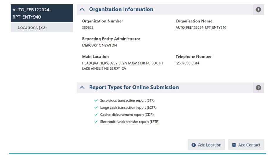 Panel showing organization info: number, name, admin, location, phone, and report types for online submission (STR, LCTR, CDR, EFTR). 