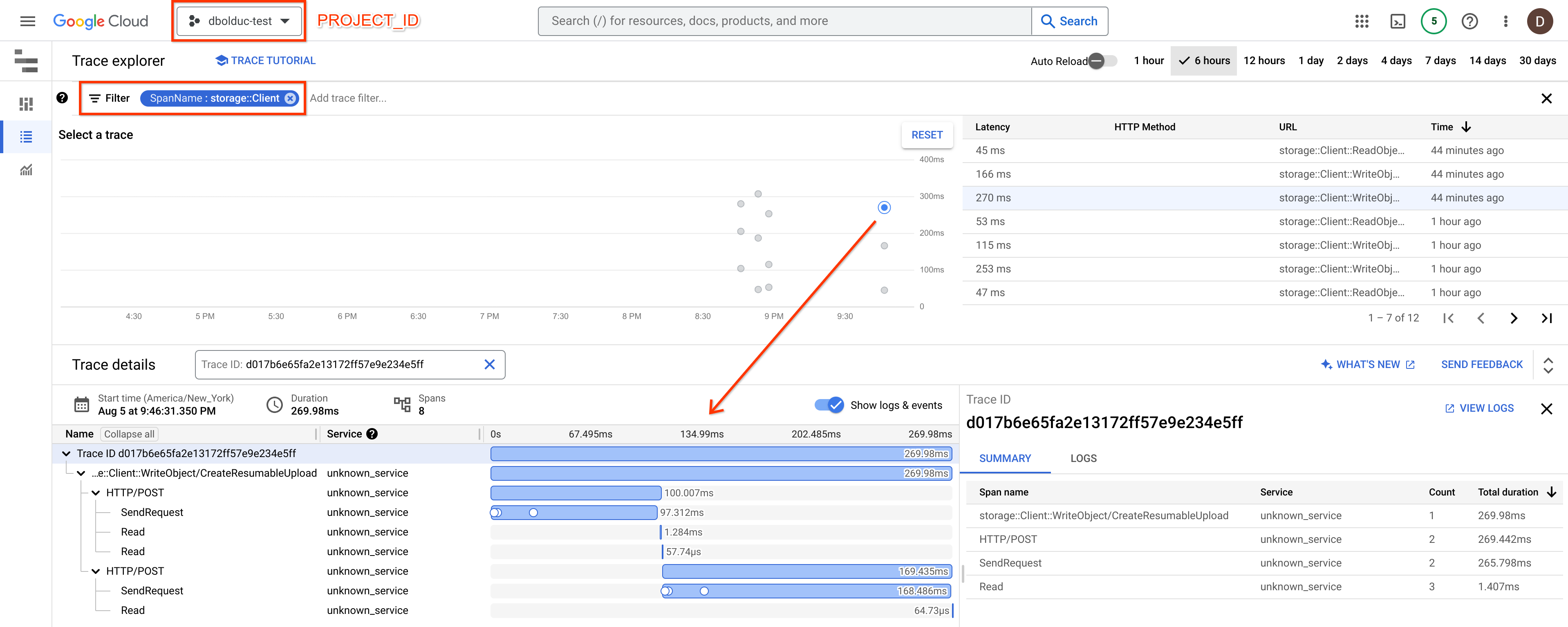 Screenshot of the Cloud Trace UI after running this quickstart.