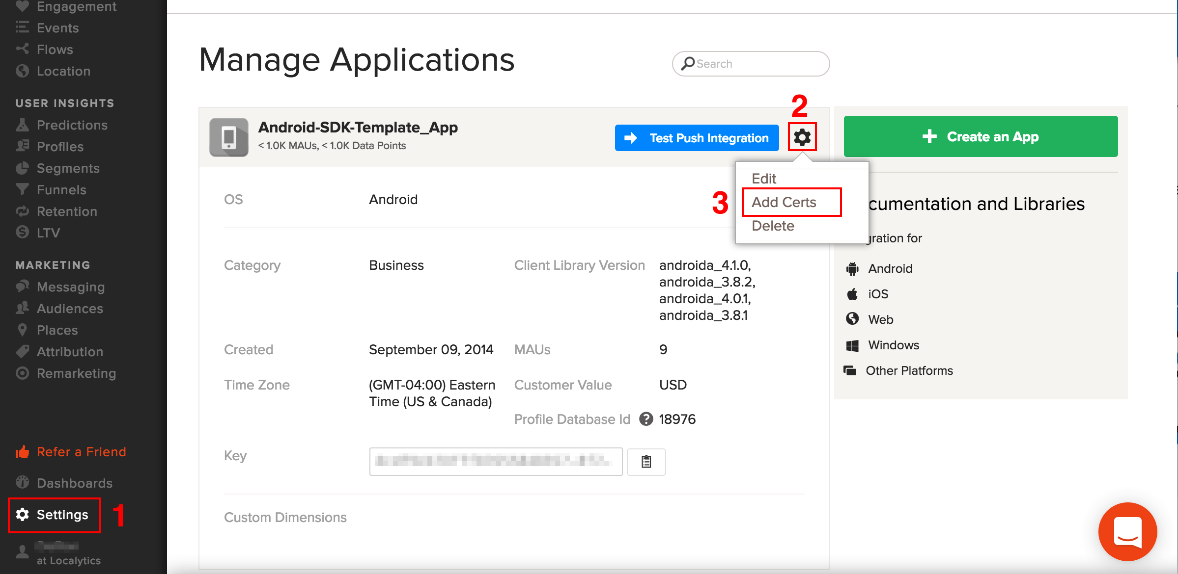 screenshot of server API key in Localytics Dashboard