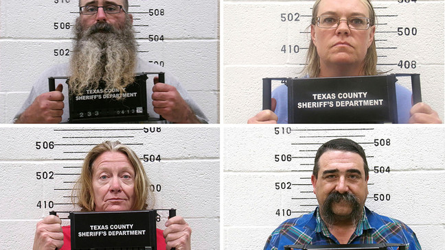 This combination of booking photo provided by the Oklahoma State Bureau of Investigation shows Tad Bert Cullum, top left, Cora Twombly, top right, Tifany Machel Adams, bottom left, and Cole Earl Twombly, bottom right. (Oklahoma State Bureau of Investigation via AP)