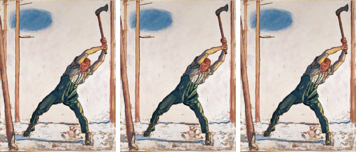 a woodcutter swinging an axe at a tree