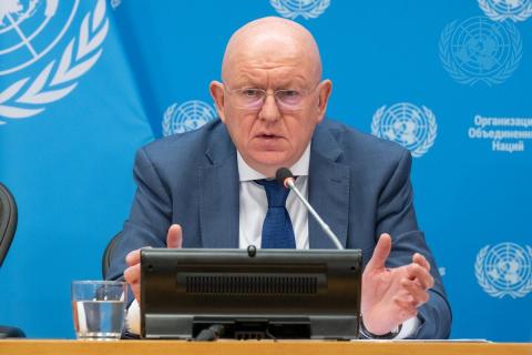 Vassily Nebenzia, Permanent Representative of the Russian Federation and President of the Security Council for the month of July, briefs reporters on the programme of work of the Security Council