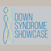 Text says: Down Syndrome Showcase. Abstract image representing three people.