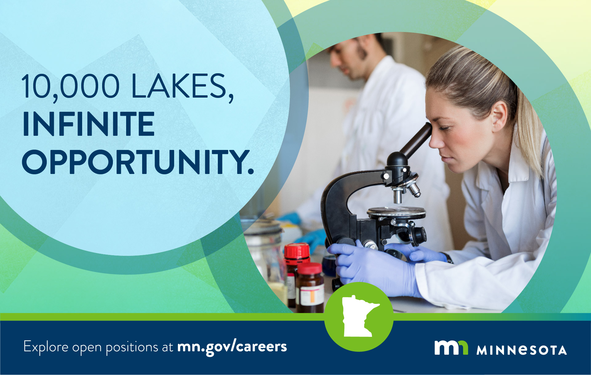 10,000 lakes, infinite opportunity. Biologist looking at samples of Minnesota lake water through a microscope. 