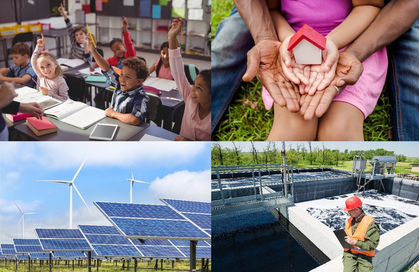 Children in classroom, wind turbines and solar panels, family, water treatment facility. 