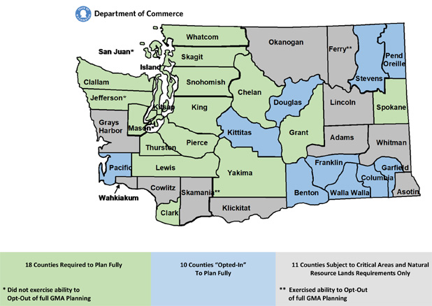 Map of Washington counties by GMA status