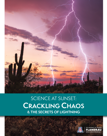 science at sunset graphic showing lightning striking over a desert