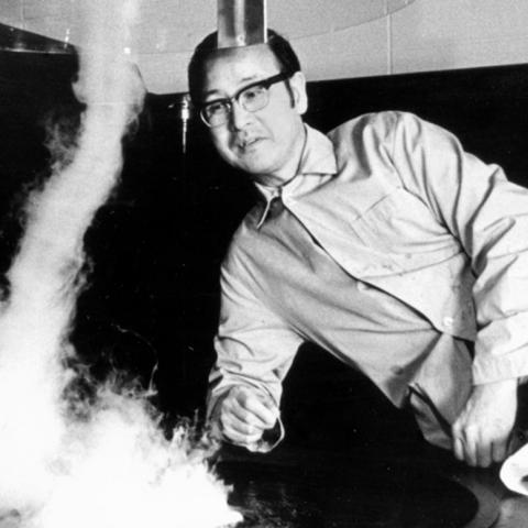 Prof. Ted Fujita in his lab next to a machine that simulates a small-scale tornado