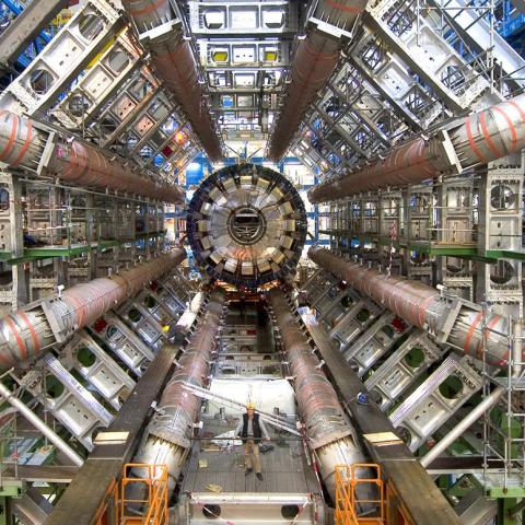 Wide-angle photo of gigantic detector equipment at CERN