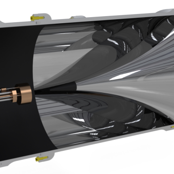 A computer-drawn cutaway rendering of a large metal cylinder with a shiny Hershey's kiss shaped cone at one end