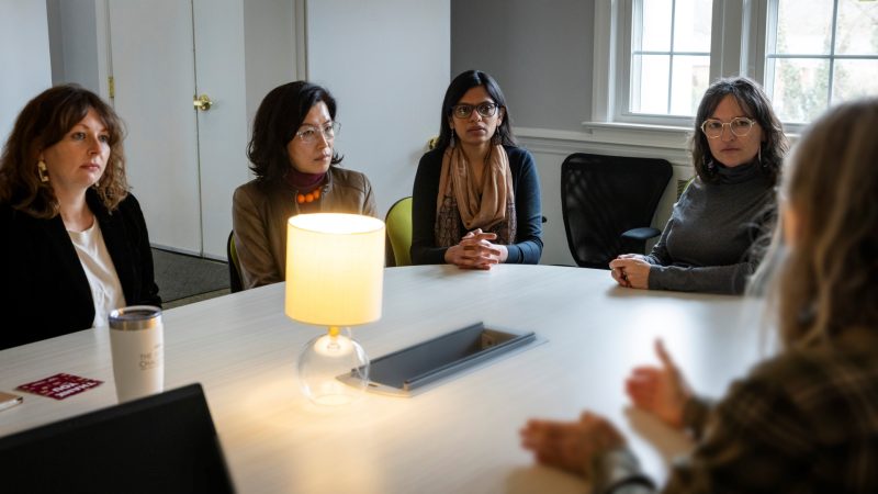 Four people seated at a conference table face a fifth person seated in the foreground, visible from the back.