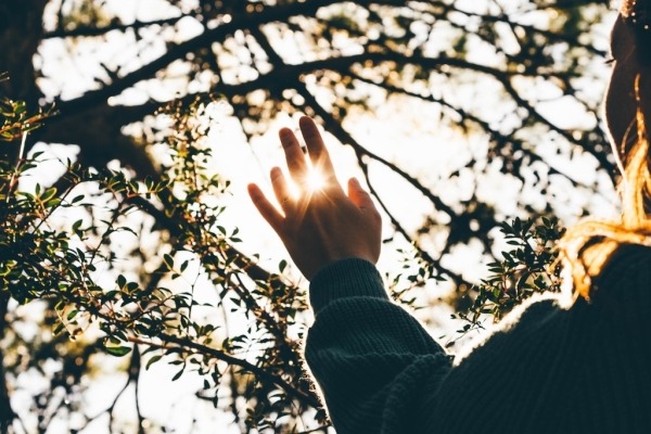 Rear view of woman at the golden hour looking at the setting sun filtering through her raised hand.