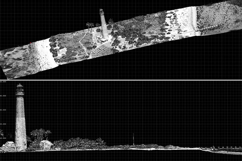 LIDAR image top-down and side view of Loggerhead Key Lighthouse, Dry Tortugas, Florida