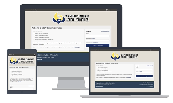 devices showing Waipahu Community School for Adults (WCSA) Online Registration