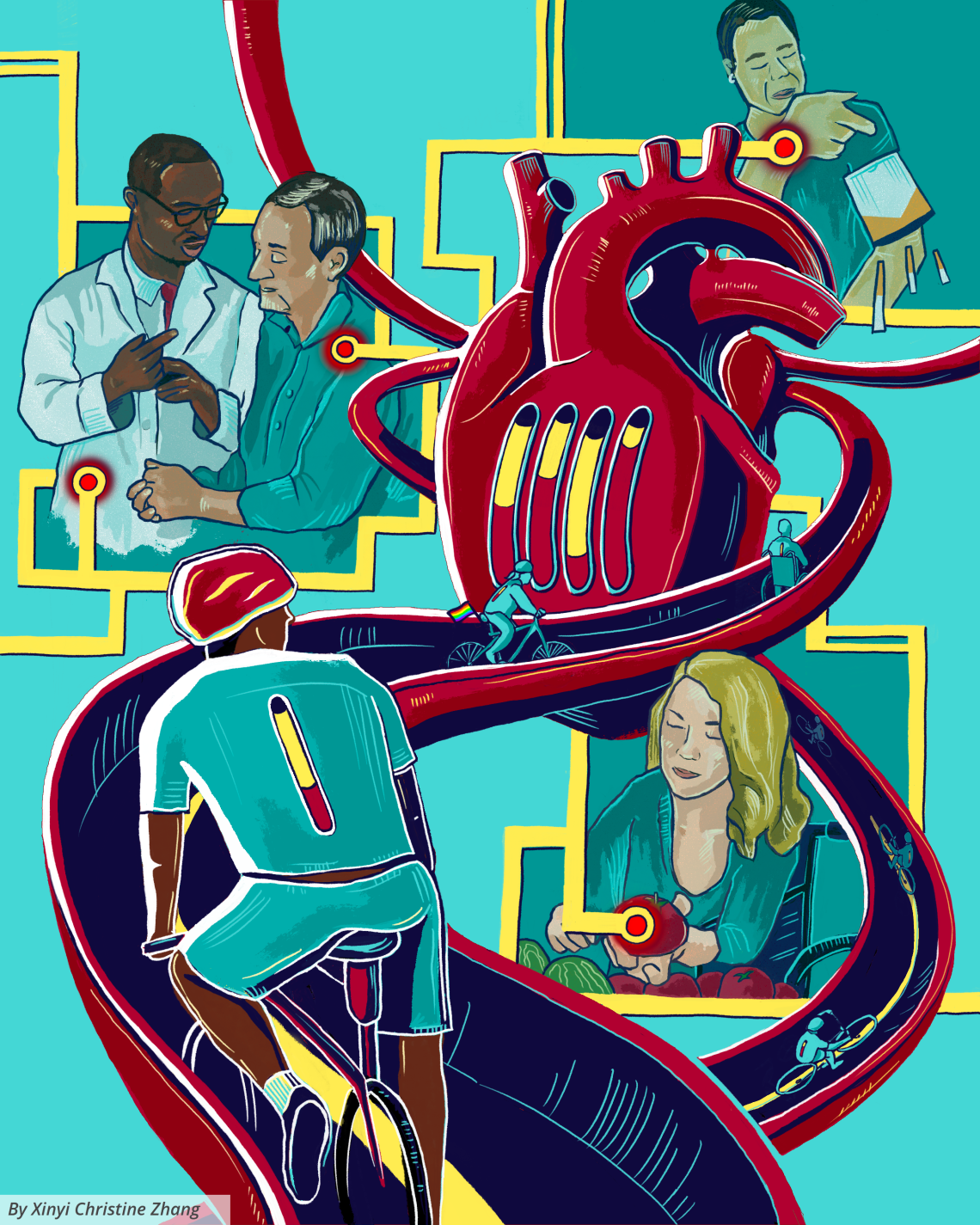 A painting of an anatomical red heart in the center being “charged up” by yellow bars that connect to images of preventative measures like check-ups, nutritious diet, physical activity, and smoking cessation.