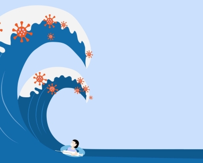 An illustration of a wave in the ocean covered in COVID molecules with a person swimming underneath it holding a vaccine