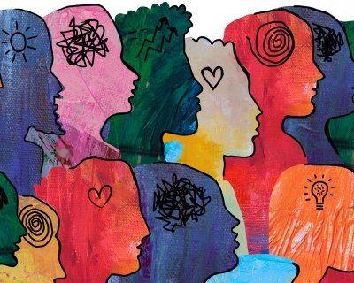 Illustration of a large group of diverse people with different emotional/mental states and thoughts.