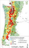 Maximum exposure potential (based on simulations) illustrates the relative magnitude of maximum building exposure that could result from an ignition at the given location. Exposure values binned in quantiles so the “Very Low” category accounts for pixels 