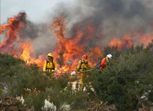 Several firefighters with high flames behind them.