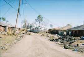 Shrimp boat in yard following Hurricane Katrina