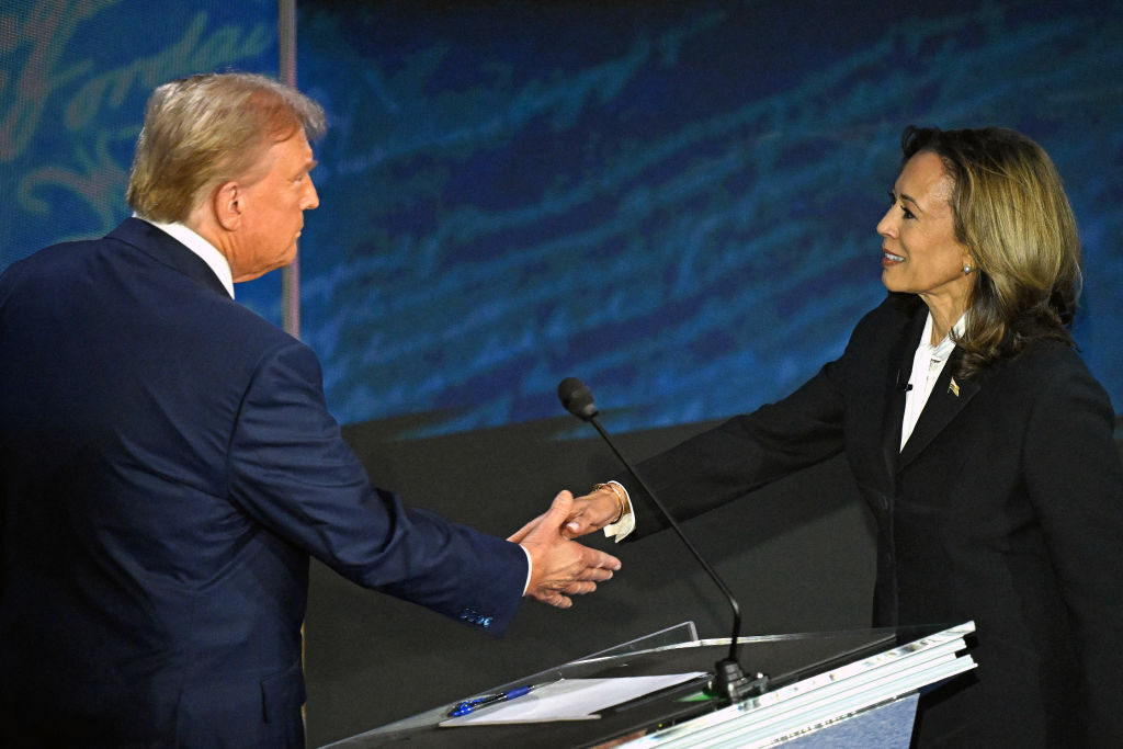 Vice President Kamala Harris, right, shakes hands with former President Donald Trump before their debate in Philadelphia on Tuesday night.